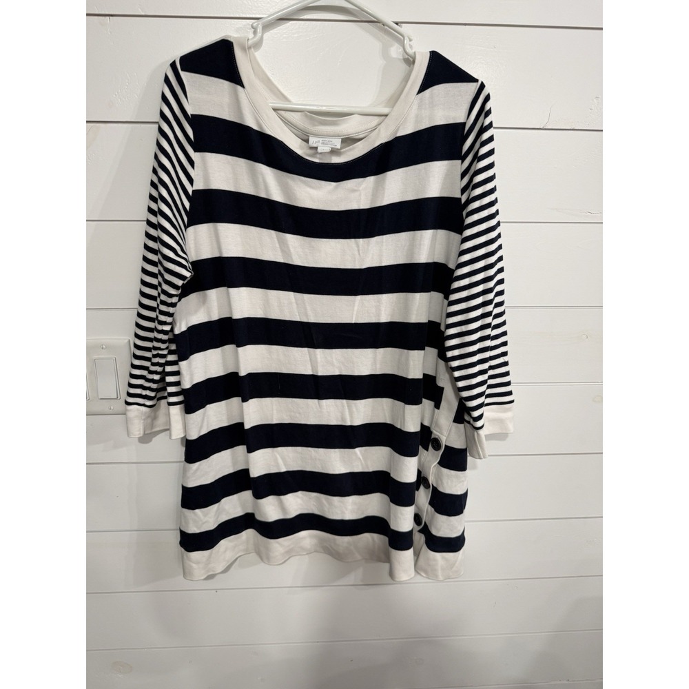 J Jill Women's Top Large Black White Stripe Long Sleeve Contrast Stripes